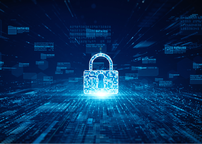 Blue lit up lock surrounded by data numbers