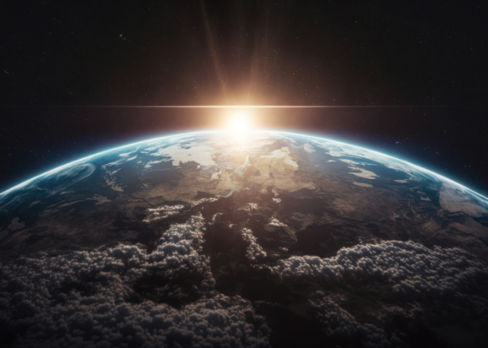 Spotlight shining on globe aerial view of earth from space.