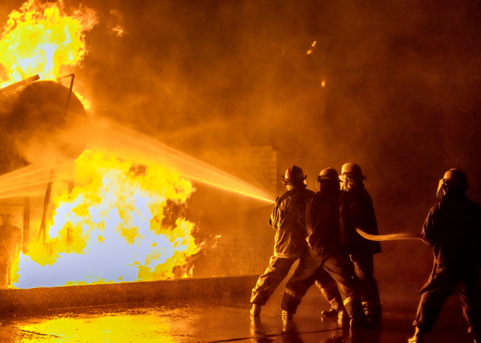 Fire fighters putting out lab fire.