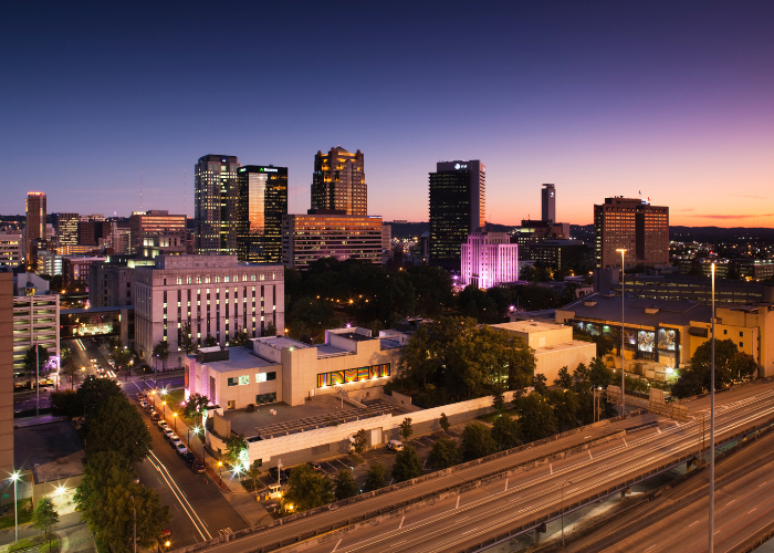 Birmingham Alabama cityscape at dusk.