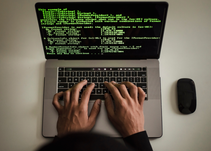 person typing data into laptop.