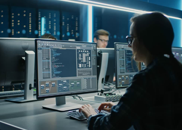 Female computer analyst typing on keyboard.