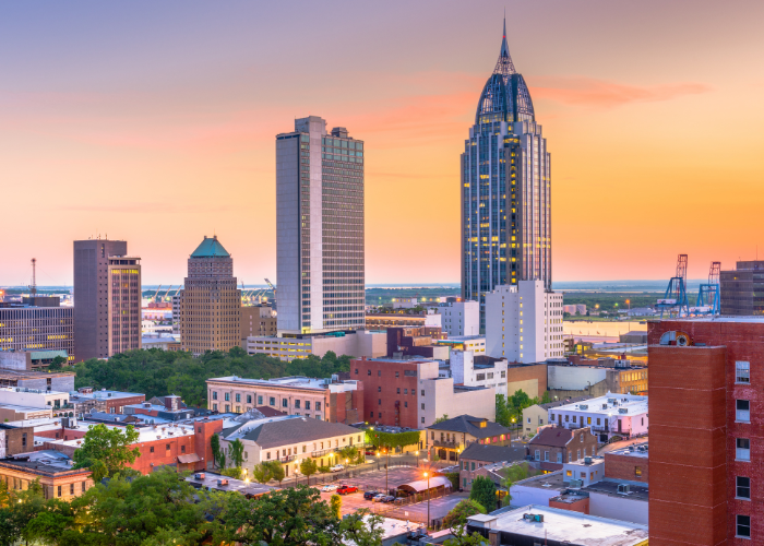 Birmingham Alabama skyline during sunrise.