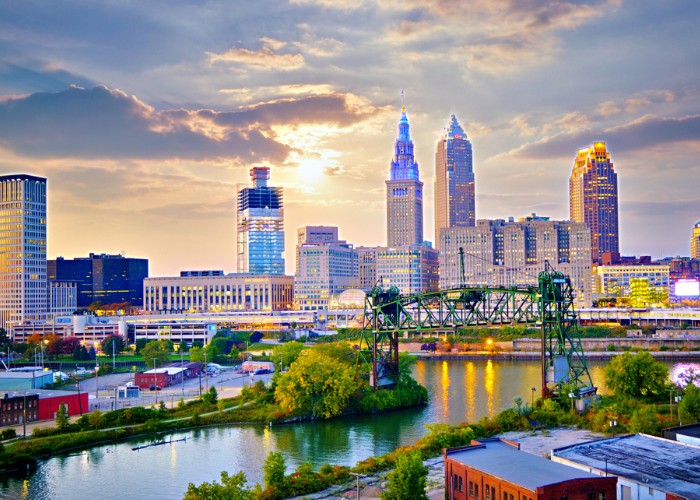 Cleveland Ohio Skyline at Sunset.