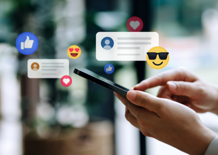 Close up of young woman using smartphone on social media network application. Viewing posts, giving likes or love, making friends on social media pages in the city. People engaging in networking with technology. Social media addiction concept