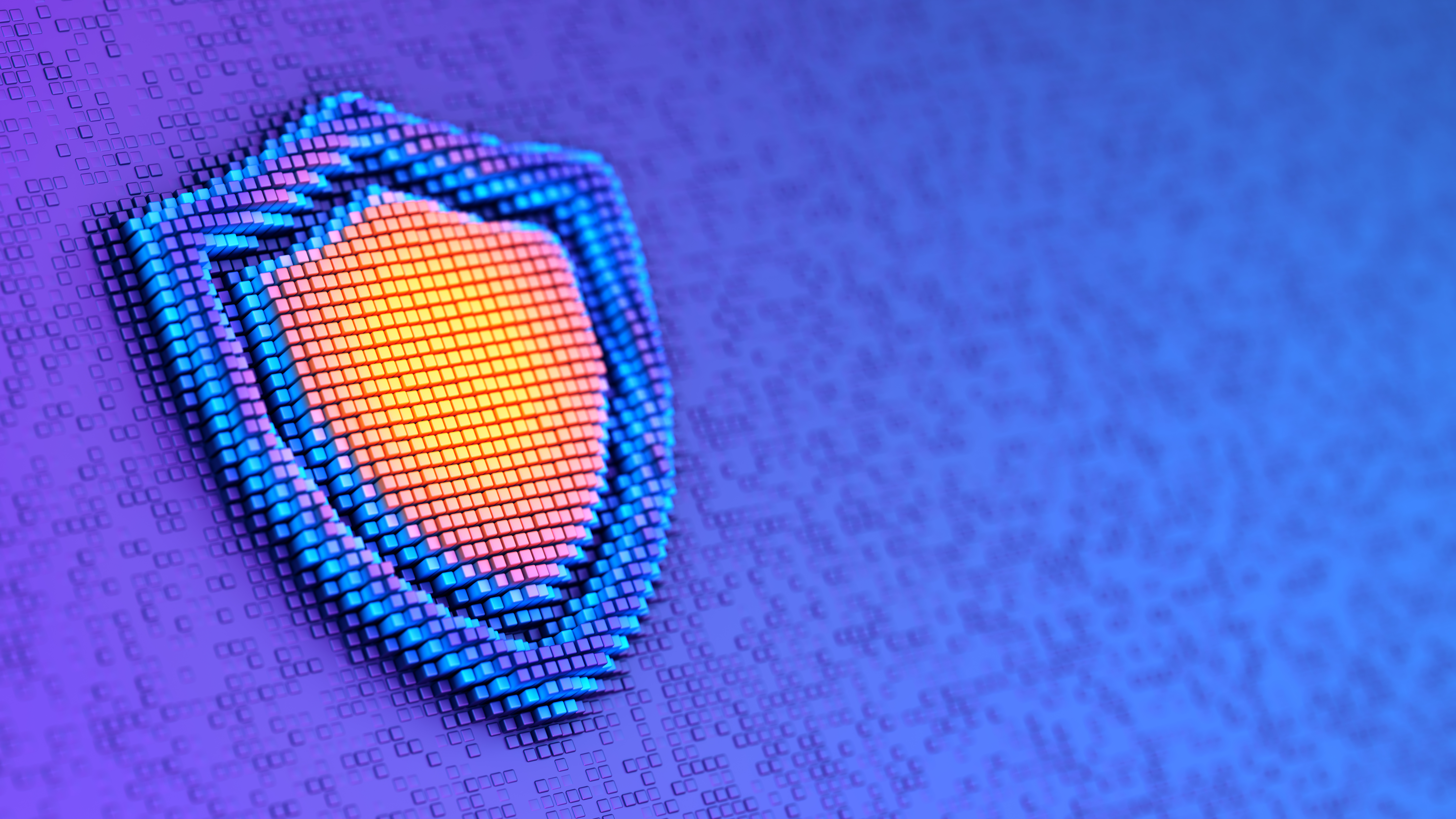 Shield sign on blue and purple pixels to represent data privacy online