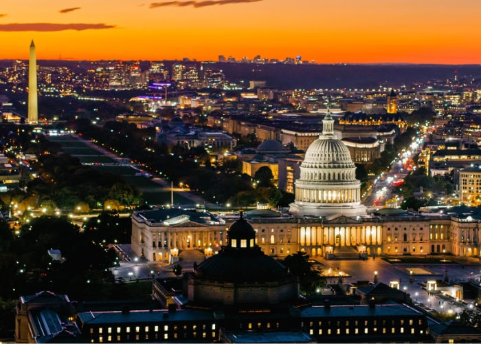 Aerial shot of DC at dusk