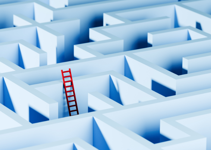 Red ladder coming out of blue maze.