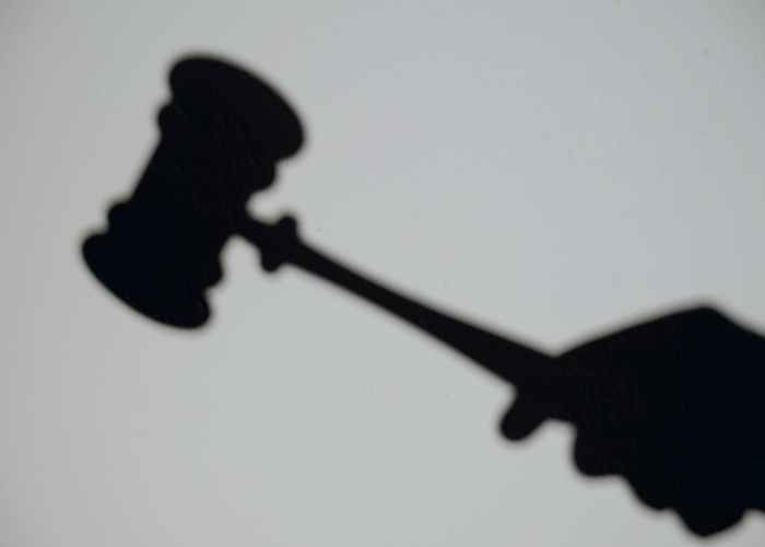 Shadow of hand holding gavel.